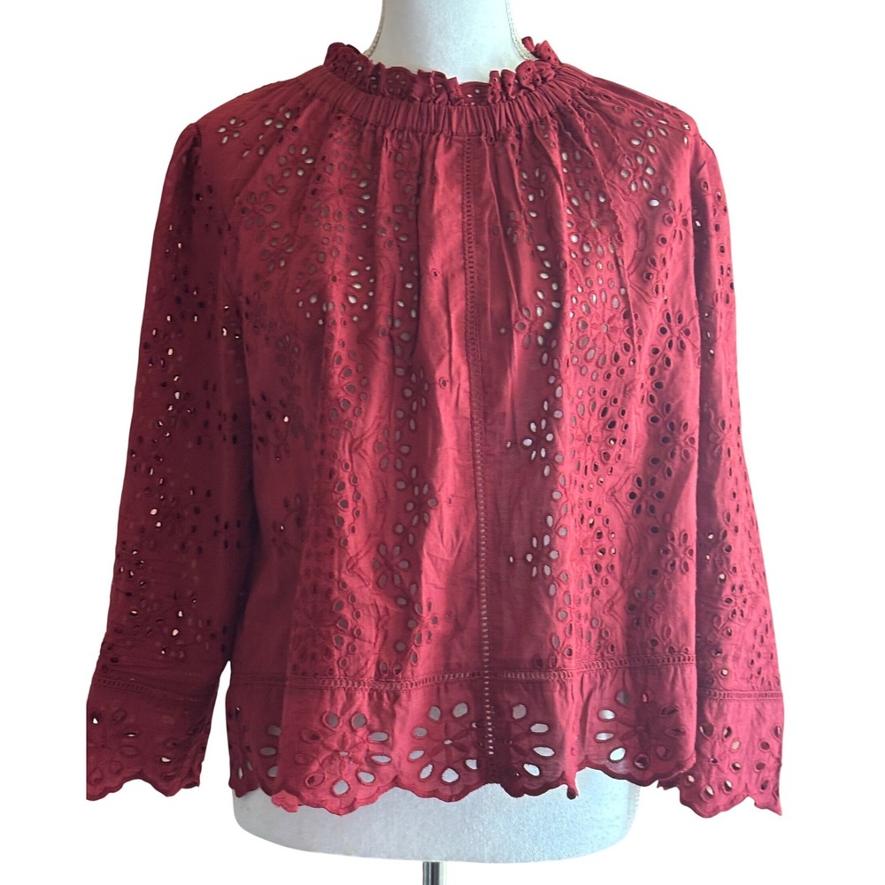 Maroon Eyelet Cotton Blouse Ruffle Neck Button Back XL Boho Romantic Cottagecore